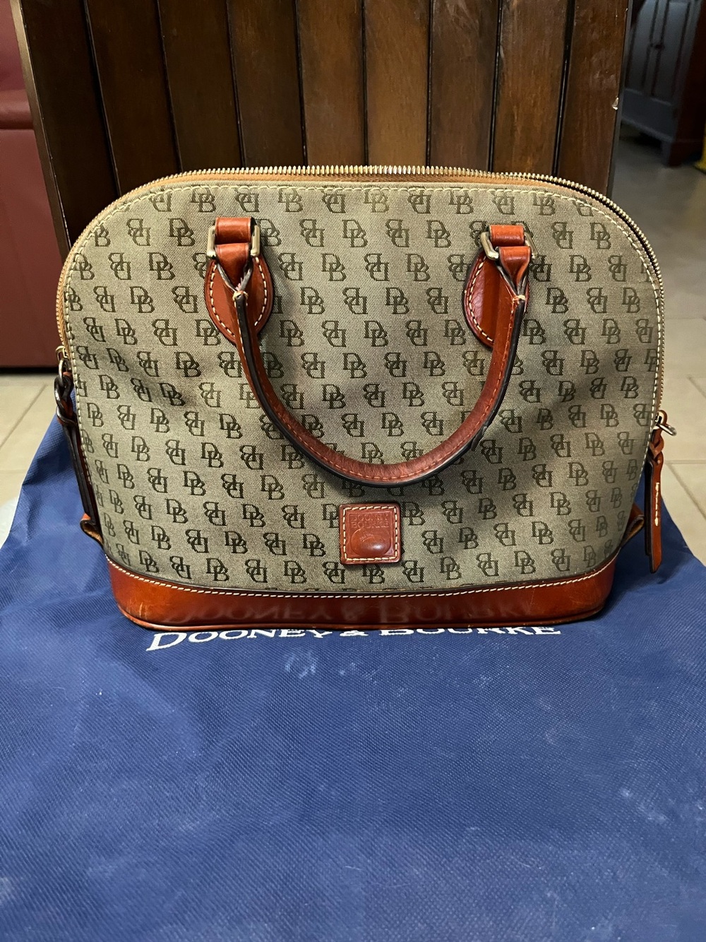 Dooney & Bourke Tan  DB Logo Dome Zip Zip Satchel with Brown Leather Trim